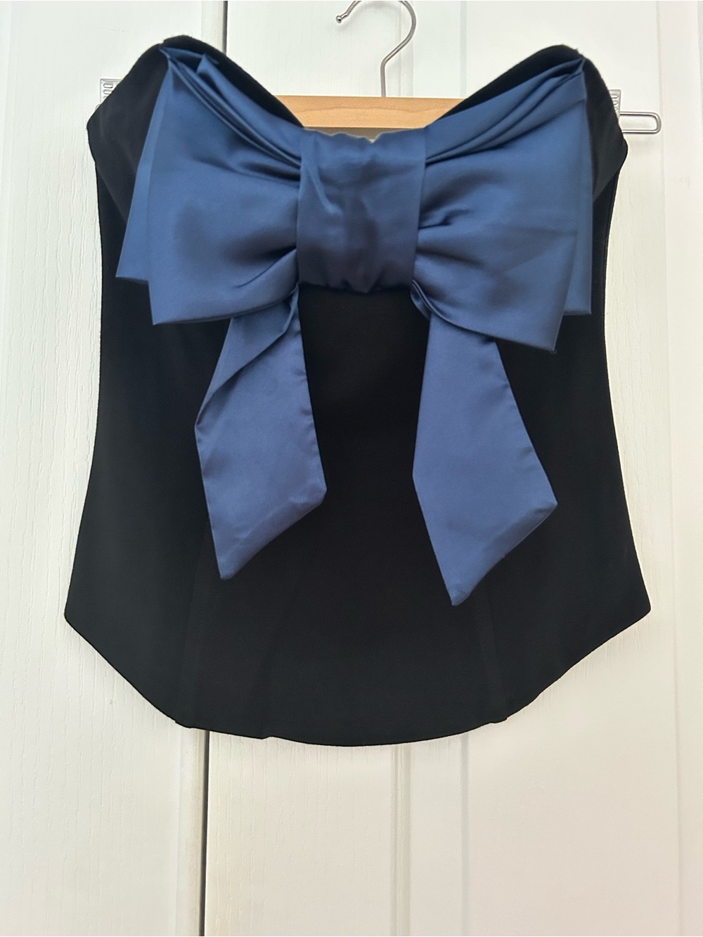 Strapless Black Crop Top with Navy Satin Bow